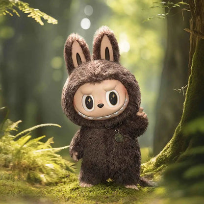 Cute plush bunny costume doll with big eyes standing in a sunlit forest scene