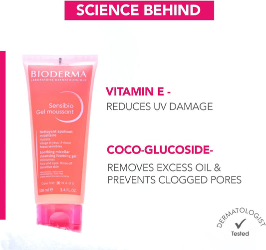Bioderma Sensibio Gel Moussant bottle with key ingredient benefits, vitamin E and coco-glucoside, on white background.