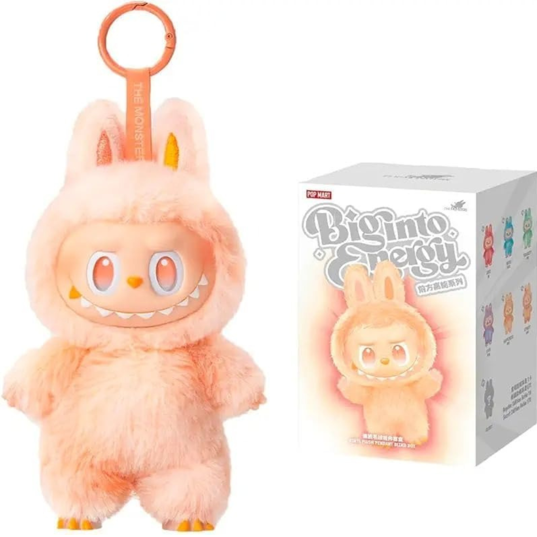 Pop Mart Biginto Energy plush toy with bunny ears and keychain, next to retail box