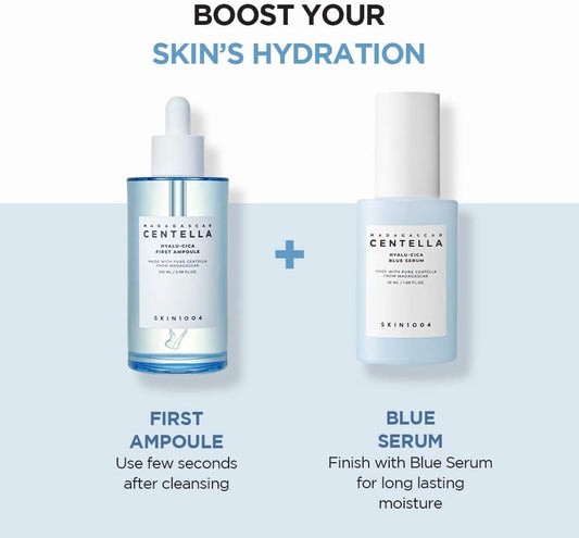 SKIN1004 Centella First Ampoule and Blue Serum bottles for hydrating skincare routine