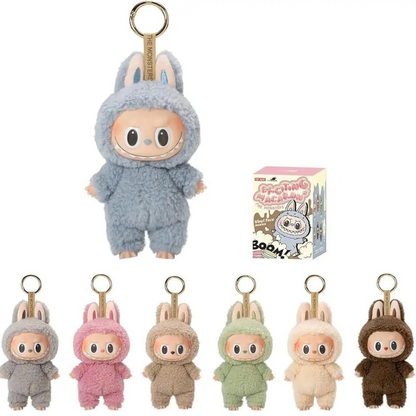 Cute plush bunny keychain dolls in assorted colors with box packaging display