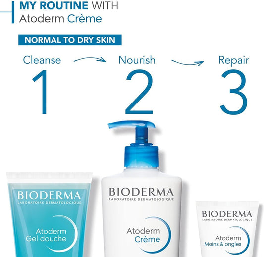 Bioderma Atoderm skincare routine for normal to dry skin with gel, cream, and hand care.