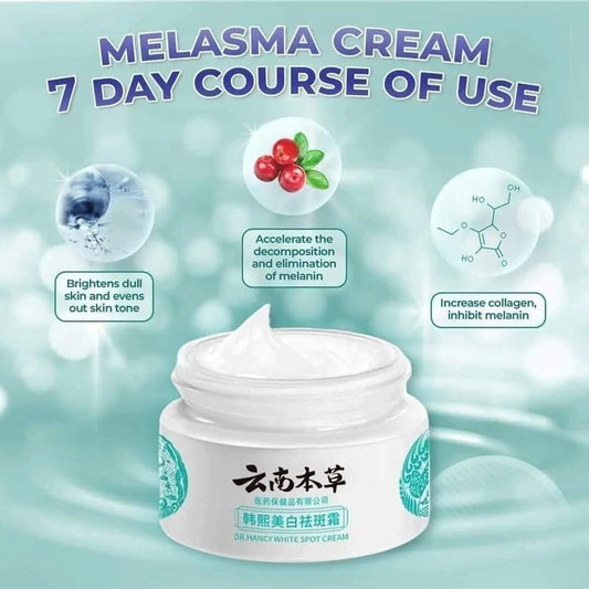 Melasma cream jar with brightening, melanin reduction, and collagen boosting benefits