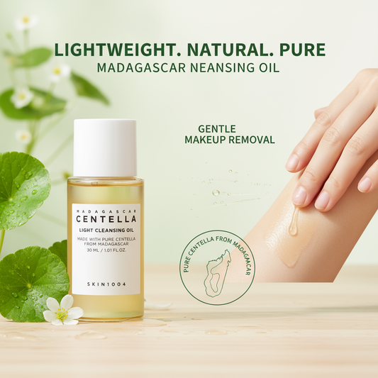 Madagascar Centella light cleansing oil bottle with drop on hand, Centella leaves, skincare product