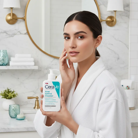 Woman in white robe holding CeraVe Acne Control Cleanser in modern bathroom