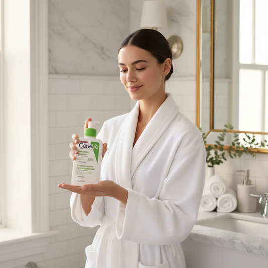 Woman in white robe holding CeraVe Hydrating Cleanser in elegant bathroom