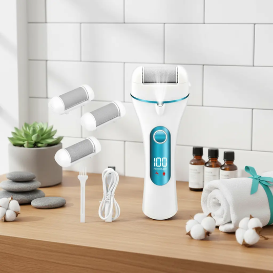 Luxury electric pedicure device with LED display and spa accessories on wooden countertop