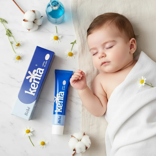 Sleeping baby girl with Kenfa Bébé baby cream, flowers, and cotton on a white background