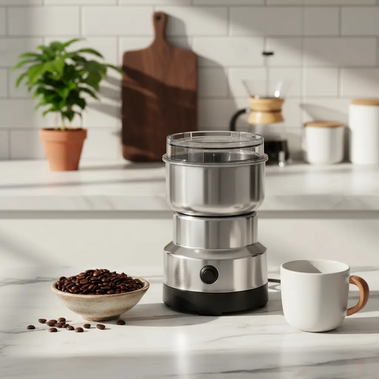 Premium coffee grinder on kitchen counter with coffee beans and ceramic cup